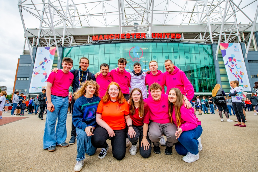 Students outside Old Trafford before the Women's EURO 2022 kicks off. ©Beth Walsh